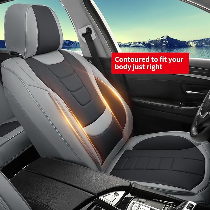 Gripure Car Seat Covers for Full Set – Waterproof & Breathable Faux Nappa Leather, 360° Wrap Design, Airbag Compatible, Lumbar Support, Great for Drivers Who Need Driving Comfort,Gray and Black