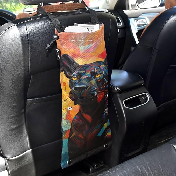 ALAZA Hanging Car Trash Bags Garbage Bag Trash Can for Back Seat Small Panther Washable Storage Bag Retractable 2 Pack
