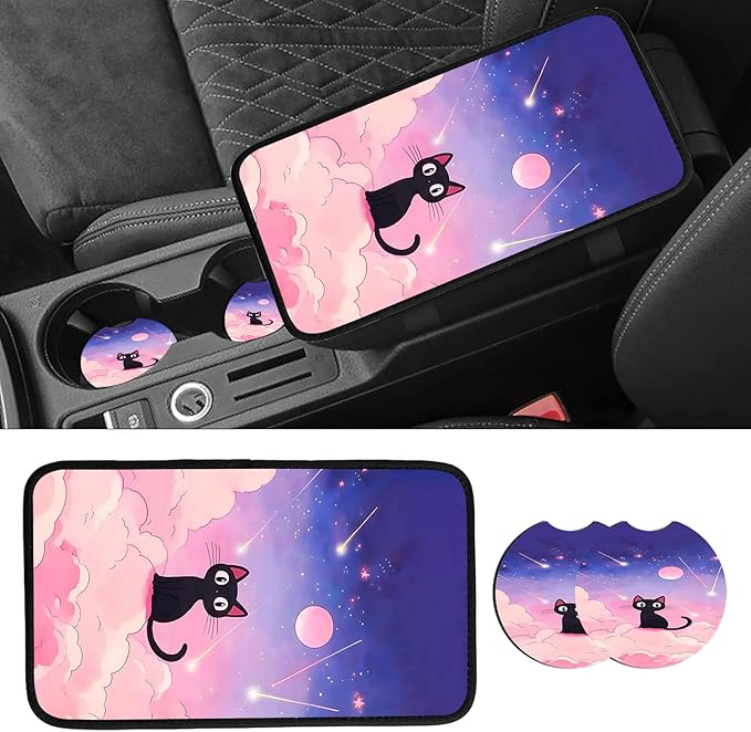 JANENFNA Car Armrest Cover Pads Universal Fashion Cute Auto Center Console Armrest Cover Pad with 2PCS Car Coasters Soft Waterproof Car Armrest Seat Protector for Women,Cute Cat on Pink Clouds