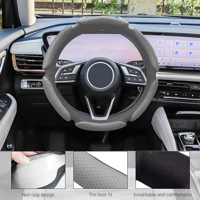 Car Steering Wheel Cover, Breathable Sporty Auto Wheels Wrap, 15 Inch Suede Steering Wheel Protector with Comfortable Grip, Steering Wheel Cover Hand Pad Cushion Slip-on for Cars (Grey)