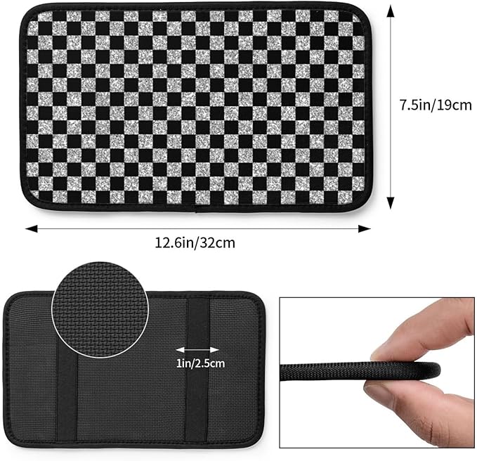 Glitter Gray Black Checkered Chessboard Flag Car Armrest Pad Cute Cars Center Console Cover Auto Handrail Box Cushion Armrests Cover