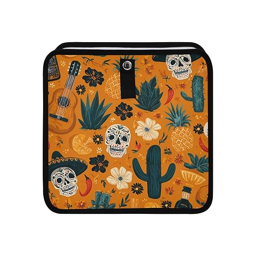 Car Trash Can Organizer Bin with Adjustable Strap for Back Front Seat Console Waterproof Leakproof Collapsible Portable 11 Inch Orange Day Of The Dead Skull Cacti