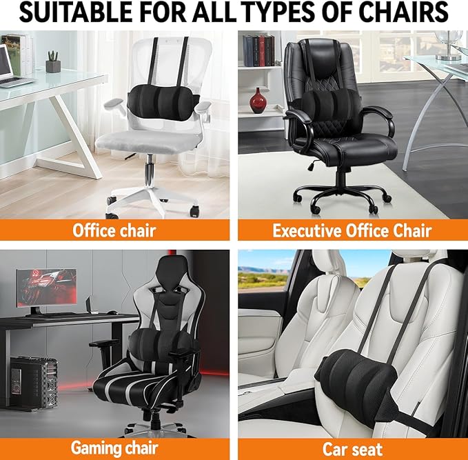 Veitail Lumbar Support Pillow for Office Chair & Car,Back Support for Office Chair,Adjustable Straps Securely Fixed Seat (Black)