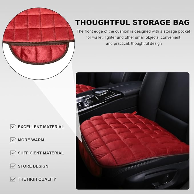 Car Seat Cushion, Soft Plush Auto Seat Cover with Non-Slip Silicone Bottom & Storage Pocket, Universal Breathable Vehicle Seat Cushion Pad for Car Truck SUV, Car Accessories (Red)