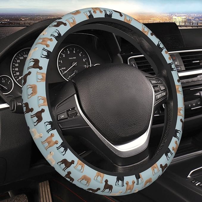 Labradors Yellow Chocolate Black Lab Pet Dogs Universal Fit Steering Wheel Cover for Car, Truck, and SUV, Durable Steering Wheel Protection