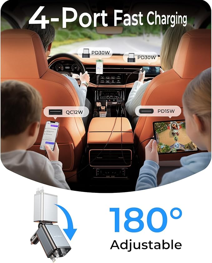 MRGLAS Retractable Car Charger for iPhone 17, 69W 4 in 1 USB C Car Charger Fast Charging with Type C Cable Cigarette Lighter Adapter for iPhone 17 16 Pro Max Samsung S25 iPad, Valentine's Day Gifts