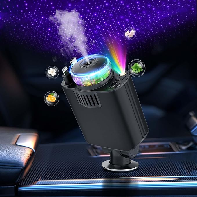 Retractable Car Charger with Aromatherapy and Starlight, 5 in 1 USB C Car Charger for iPhone 16 15 14 13 12 11, Fast Charging Compatible with iPhone Android (Black)