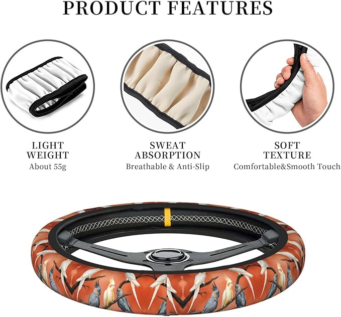 Cockatiel Fun Car Steering Wheel Cover, 15 Inch Steering Wheel Cover Stylish Decor for Most Cars
