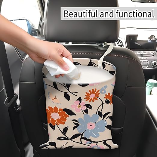 AUEKLLW Car Trash Can, Hanging Garbage Bin for Men and Women, Cute Car Organizer and Storage Bag, Canvas Vehicle Trash Can Bag Easy-to-Install Boho Red and Blue Floral