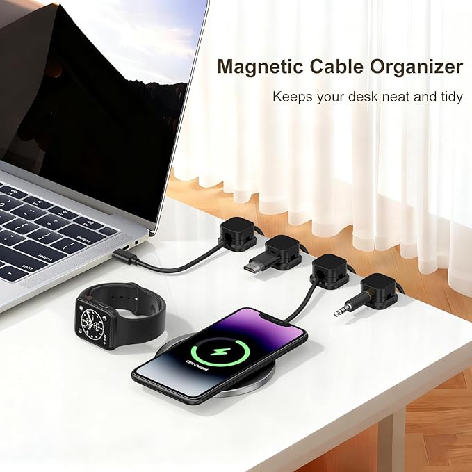 10 Pack Magnetic Cable Clips, Cord Organizer Holder with Strong Adhesive, Desk Cable Management for Home Office Car Desktop Nightstand, Adjustable Wire Keeper (Black)