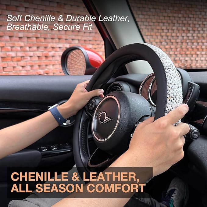 PINCTROT Large Size Chenille Leather Steering Wheel Cover, Soft Mottled Colors, Sweat-Proof, Non-Slip Grip, All-Season Comfort, 15.5-15.75 Inch(Mottled White)