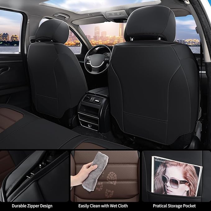 COVER EMPIRE Front Car Seat Covers, 2Pcs Universal Leather Car Seat Covers, Full Coverage Waterproof Automotive Seat Covers, Breathable Car Seat Protector for Most Trucks SUVs Sedans, Black&Brown