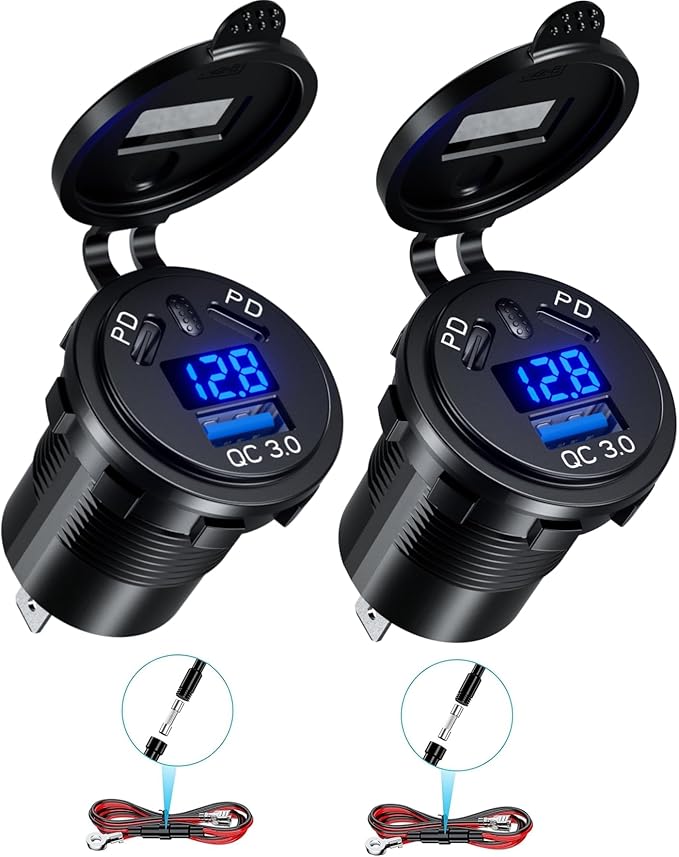 2 Pack 12V USB Outlet Wire Charger Multi Port, 108W Dual PD & QC 3.0 Car Port Socket with Power Switch, USB C Cigarette Lighter Replacement 12 Volt Socket with Voltmeter Waterproof for Marine Boat RV