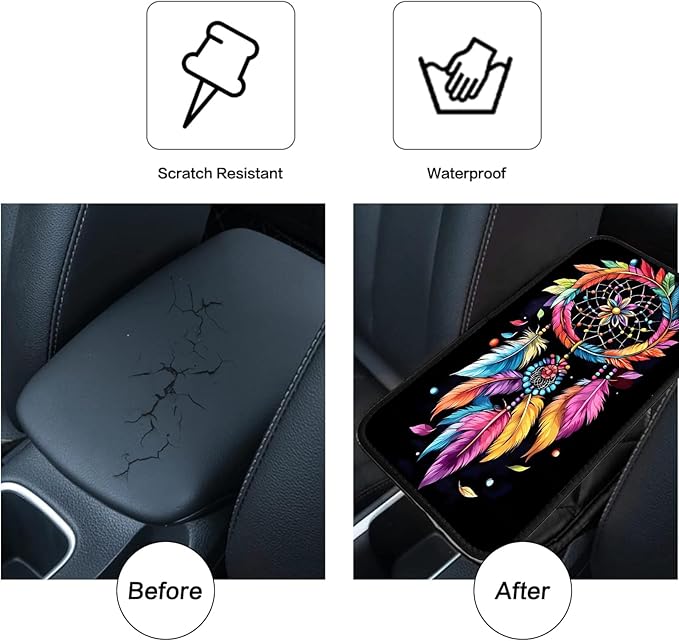 JANENFNA Car Armrest Cover Pads Universal Fashion Cute Auto Center Console Armrest Cover Pad with 2PCS Car Coasters Soft Waterproof Car Armrest Seat Protector for Women,Colorful Wind Chime