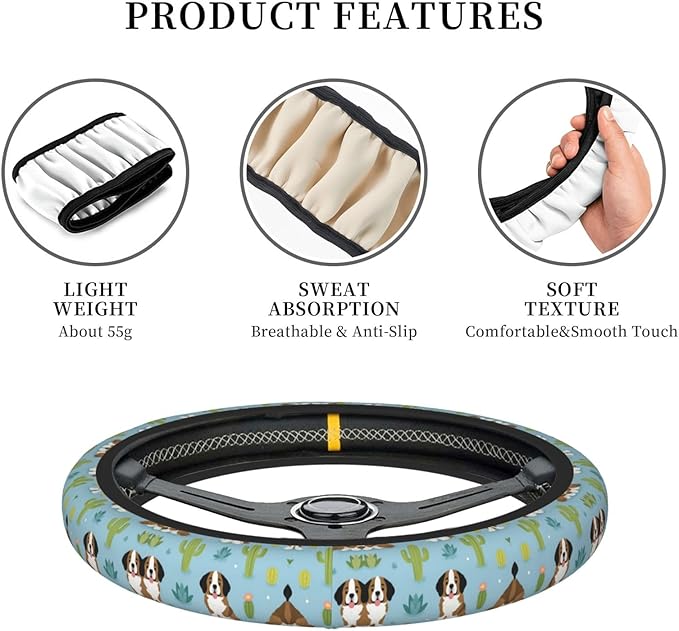 Saint Bernard Dog Breed Cactus Universal Fit Steering Wheel Cover for Car, Truck, and SUV, Durable Steering Wheel Protection