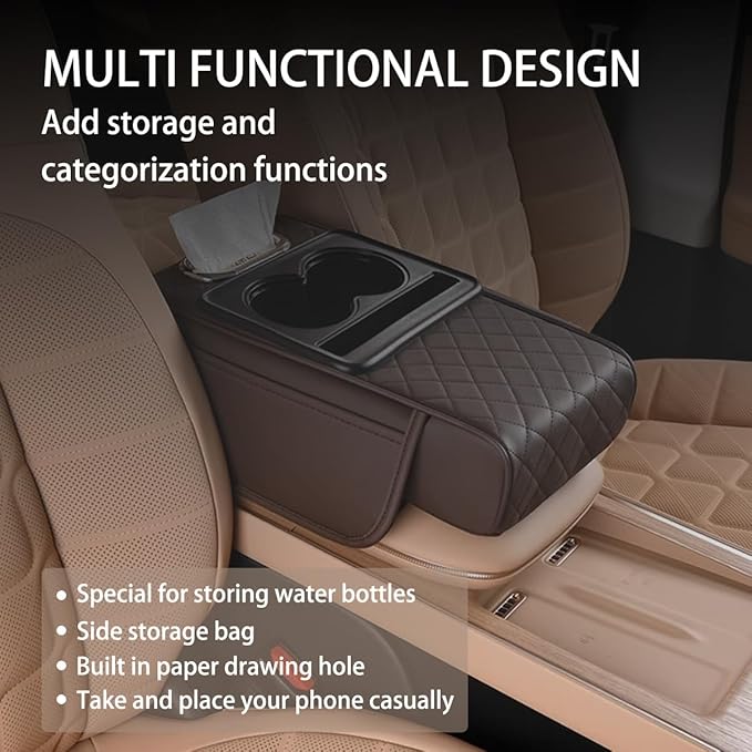 HZEL Car Center Console Cover, Leather Vehicle Armrest Cushion with Storage Bags, Cup Holder ＆ Tissue Box, Waterproof Auto Interior Arm Rest Seat Box Pad, Universal Fit (Coffee)
