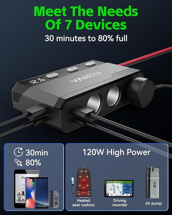 YANTU 270W Cigarette Lighter Adapter Splitter,QC3.0 & PD 150W Cigarette Lighter Socket with 12v USB Outlet/Plug and Outlet Eyelet Terminal,Double/Dual car USB Charger Multi Port with Switches