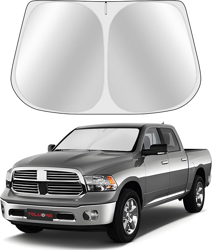 Toluoma Custom Fit Windshield Sun Shade for Dodge RAM 1500 2011-2018 - Full Coverage, 210T Reflective Fabric, Double-Layer Design - Blocks 99% UV Rays, Keeps Car Cool, Easy to Install and Store