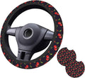 Cute Cherry Steering Wheel Cover for Women Men with 2 Pcs Car Coasters, 15 Inches Neoprene Anti-Slip Cute Universal Red Car Accessories Protective Cover for Vehicle