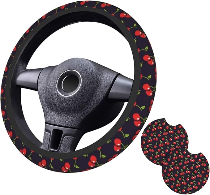Cute Cherry Steering Wheel Cover for Women Men with 2 Pcs Car Coasters, 15 Inches Neoprene Anti-Slip Cute Universal Red Car Accessories Protective Cover for Vehicle