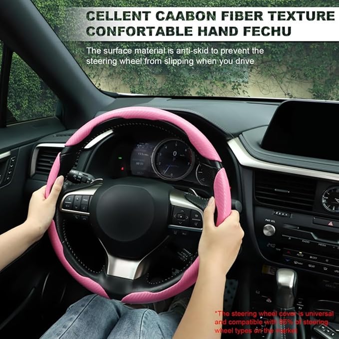 3pcs Carbon Fiber Car Steering Wheel Cover, Segmented Anti-Skid Steering Wheel Protector, Universal 99% Steering Wheel, Butterfly Steering Wheel Cover Women Men, Car Accessories Interior (Pink)