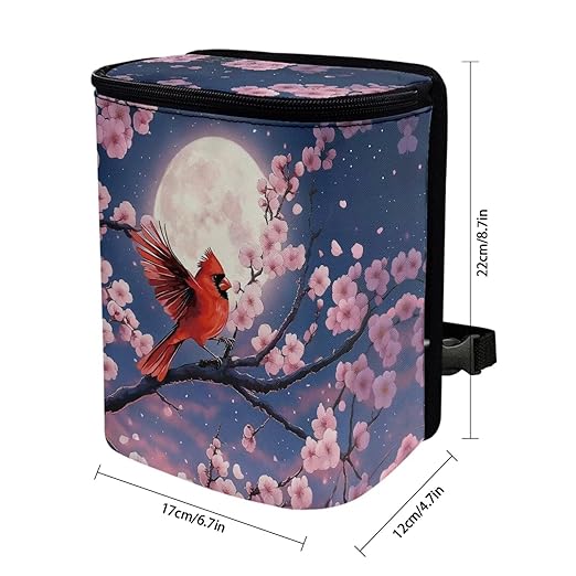 Talayituse Cardinal Moon Cherry Blossom Print Car Trash Can with Lid, Leak Proof Auto Trash Bag Hanging Vehicle Garbage Can Multipurpose Storage Container for Back Seat Road Trip