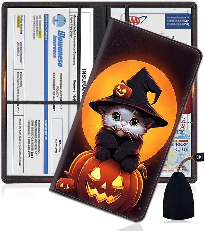 Car Registration and Insurance Holder, PU Leather Auto Document Holder for Men&Women, Vehicle Glove Box Compartment Organizer with Magnetic Shut for Driver's License, Cute Halloween cat Pumpkin