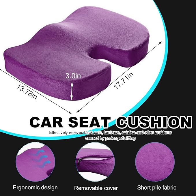 Memory Foam Seat Chair Cushion, Comfortable Auto Cushions for Long Periods of Sitting, Pregnancy Car Seat Cushion for Back, Coccyx & Sacrum Pain Relief, Car Accessories (Purple)