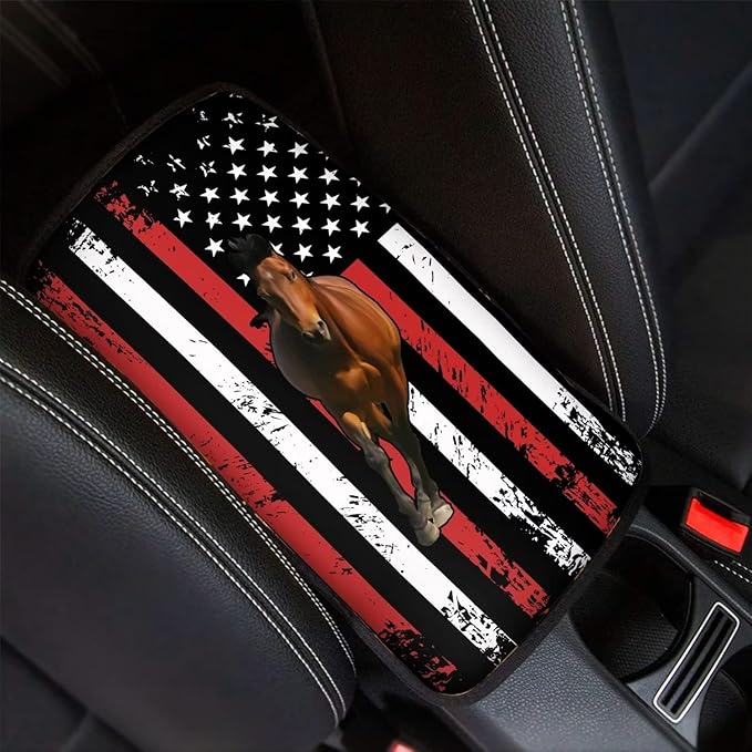GLENLCWE American Flag Horse Print Car Center Console Cushion with Runner Band Non Slip Patriotic Armrest Cover Pad Stain Against for Most Cars