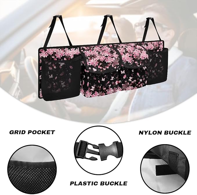 Cherry Blossom Car Trunk Organizer, Oxford Backseat Storage Bag with 4 Pockets, Adjustable Large Capacity Hanging Collapsible Bag for Most Vehicles, Universal Car Accessories