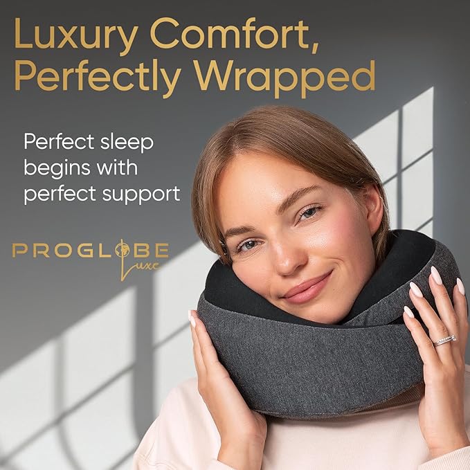 Proglobe Ash Black Memory Foam Travel Neck Pillow for Airplanes, Compact Plane Cushion for Long Flights with Soft Chin Support and Compression Bag, Comfortable Lightweight Air Travel Accessory