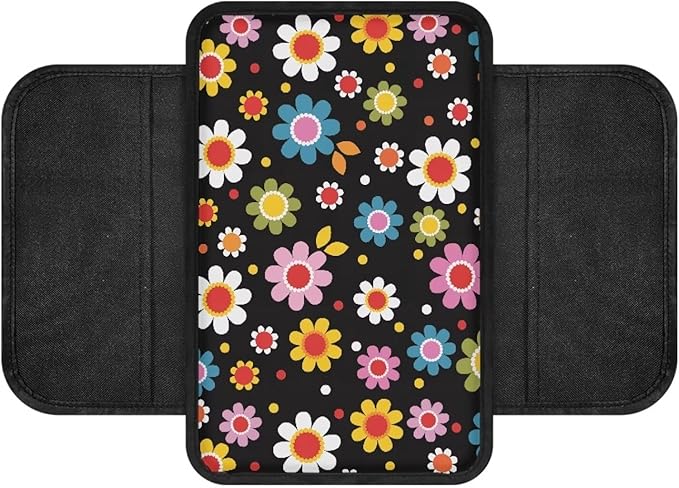 BIGCARJOB Stylish Daisy Print Armrest Pad with Pocket Universal Car Center Console Cover Hippie Daisy Print Car Armrest Storage Box Middle Console Cover Universal Armrest Cover Cushion