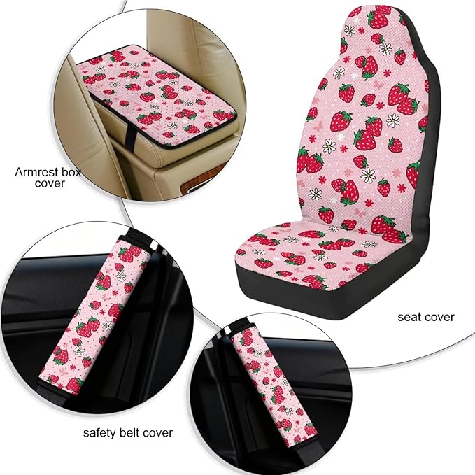 Qeluxign Strawberry Daisy Car Seat Covers 2 Front Seats Universal Fit Center Console Protector Auto Seat Belt Cover Against Stains, Spills, Dust Car Interior Accessories 5 Piece Set