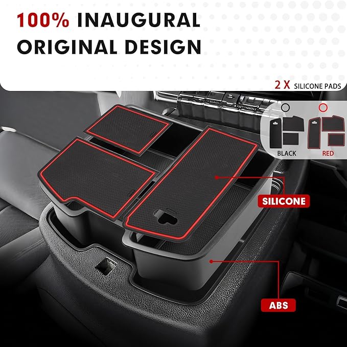 Autorder Center Console Organizer for 2007-2014 Chevy Silverado Tahoe Suburban Avalanche/GMC Sierra Yukon Accessories - Floor Mounted Center Console Only - Black & Red Slip Mats