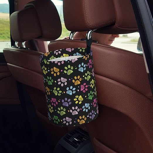 KXWQTRDD Car Garbage Bag Colorful Paw Print Mini Car Trash Bin Portable Collapsible Waterproof Rubbish Bag for Car Accessories Back Front Seat Cup Holder