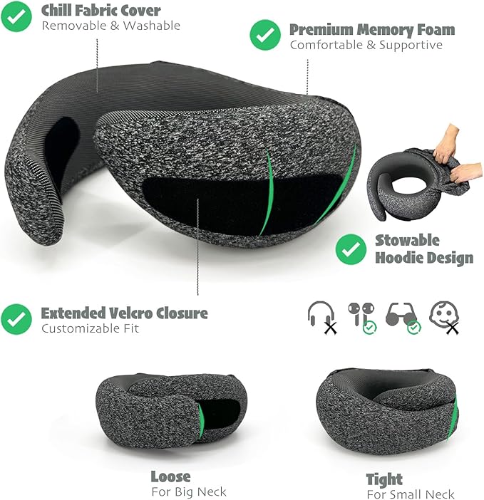 2025 Travel Neck Pillow,Stowable Hood,Ergonomic Neck Pillow Airplane,Premium Memory Foam,360º Support,Adjustable Fit,Washable Cover,Complete Travel Set,for Flight,Car and Office (Bright black)