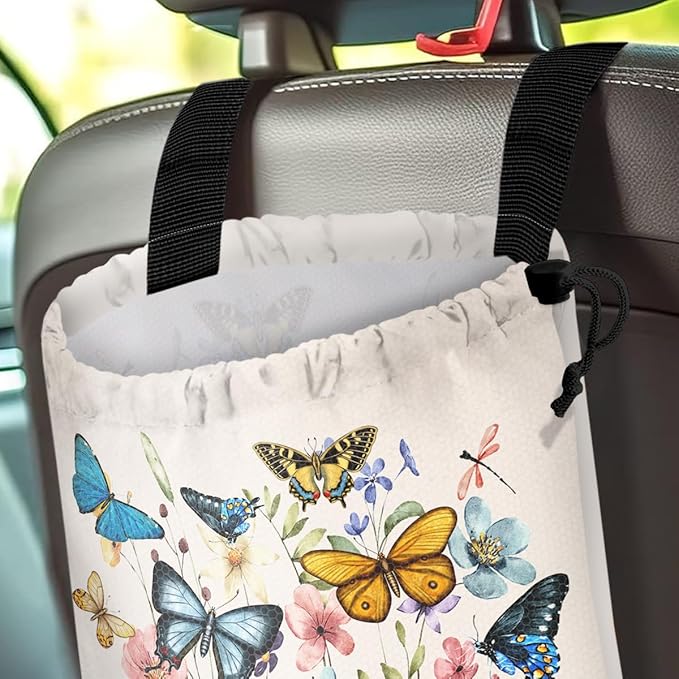 GEGEPINK Car Trash Bag Hanging Back of Seat Waterproof Small Cute Printed One-Handed Strap Drawstring Garbage Bags for Car-Butterfly Wildflower