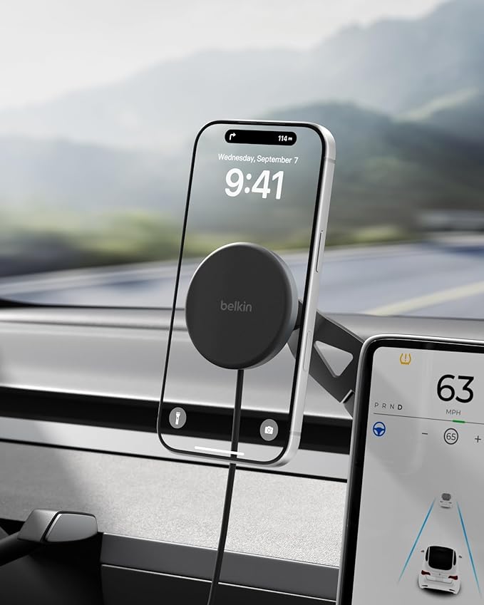 Belkin Wireless Car Charger, Magnetic Wireless Phone Mount for EV w/ 1M USB C Cable, Qi2 MagSafe Compatible Fast Charging for iPhone 17, Galaxy S25, Pixel 10, & More - Travel Accessories - Black