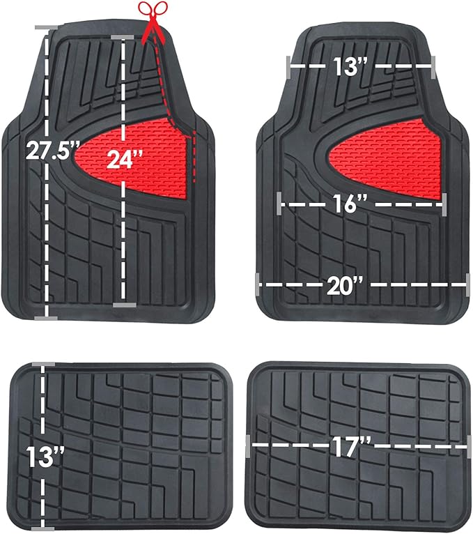 TLH Premium Tall Channel Rubber Car Trimmable Floor Mats - Heavy-Duty Red Rubber Floor Mats, Universal Fit Full Set, Climaproof™ Floor Mats, Trimmable Floor Mats for Most Sedan, SUV, Truck