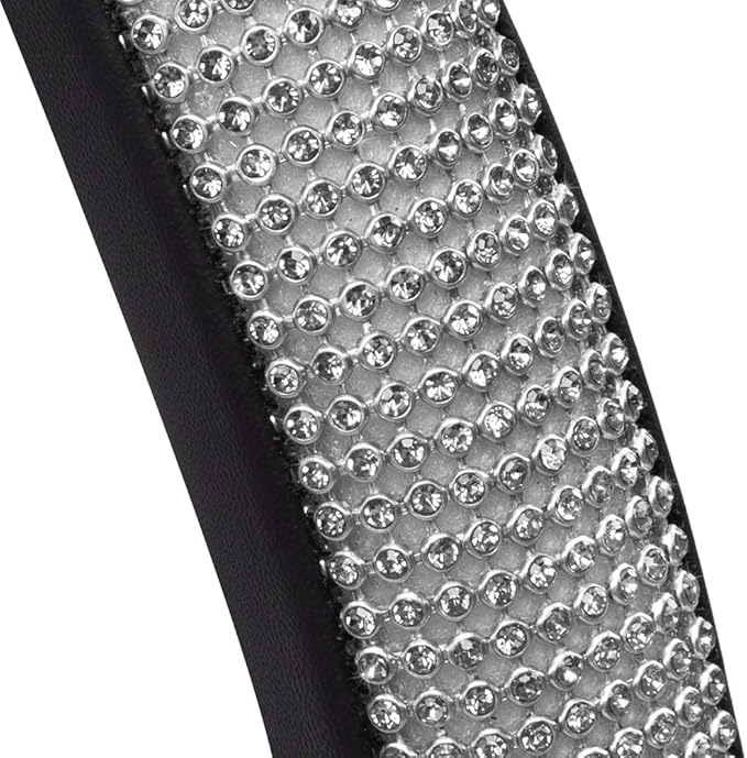 BDK Bling Bling Glitter Diamond Leather Steering Wheel Cover with 9 Rows Crystal Rhinestones, Fits Wheels 14.5-15 inch for Women/Girls Crystal Rhinestones - Silver