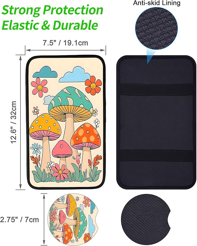 JANENFNA Car Armrest Cover Pads Universal Fashion Cute Auto Center Console Armrest Cover Pad with 2PCS Car Coasters Soft Waterproof Car Armrest Seat Protector for Women,Cute Mushrooms