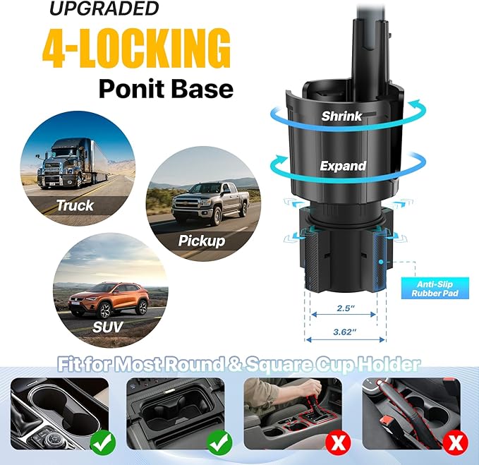 AKREDERY Car Phone Mount with Cup Holder Expander - Upgraded Anti-Shake 2-in-1 Cup Phone Holder for SUVS Trucks with Adjustable Aluminium Alloy Long Neck, fit for iPhone Samsung Galaxy (Black)