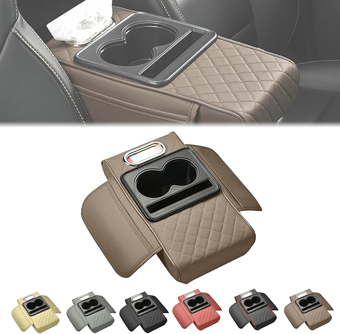 2025 New Auto Center Console Armrest Cushion with 2 Cup Holder, Car Center Console Armrest Pillow, Memory Foam Arm Rest Box Protector for Most Vehicles, Car Accessories (Brown)