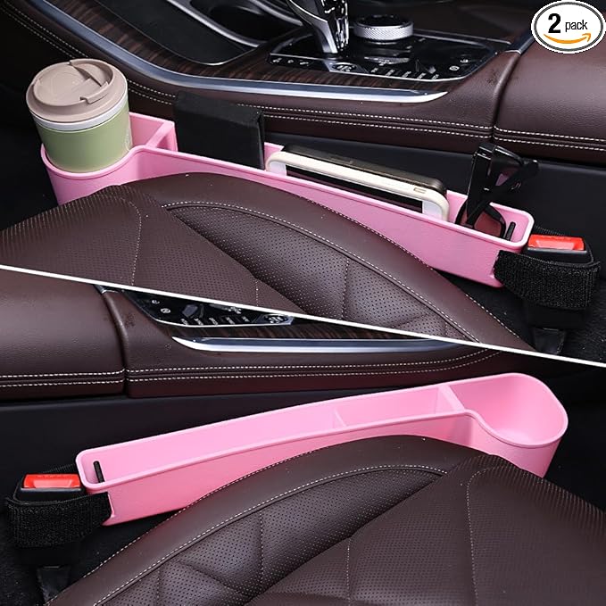 Car Seat Gap Filler, Multifunctional Seat Side Gap Filler with Cup Holder & Organizer, Gap Stopper Universal Fit Car SUV Truck Fill The Gap Between Seat & Console Set of 2 (Pink)