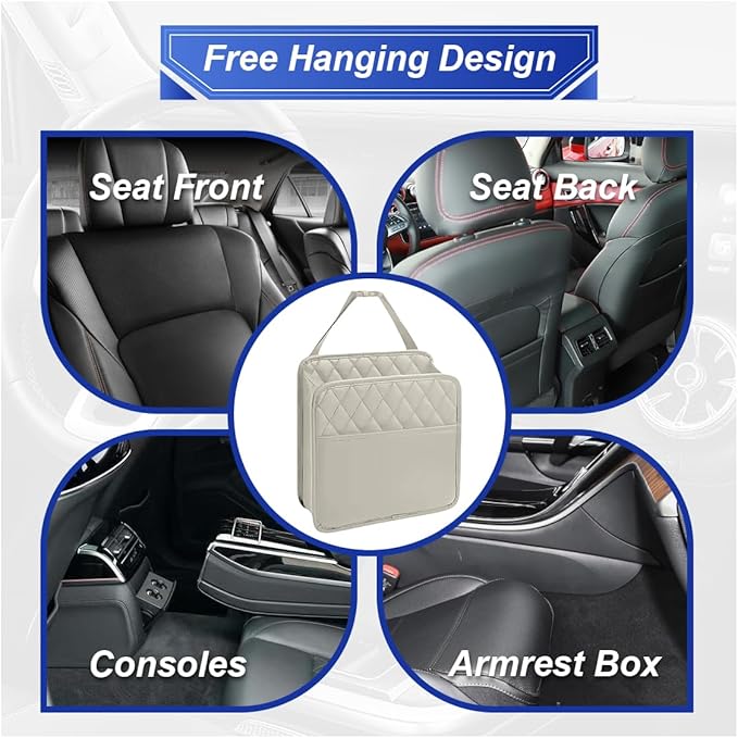 Car Back Seat Organizer, Waterproof Leather Automotive Backseat Hanging Bag with Cup Holders, Large Capacity Car Trash Can, Vehicle Travel Accessories for Most Vehicles (2PCS/Beige)