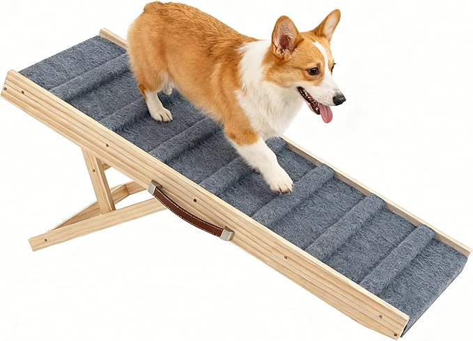Dog Ramp for Bed, 43.3" Long Wooden Pet Ramp for Small & Large Dogs, 4 Adjustable Heights 12.6" to 24" with Anti-Slip Carpet & Carrying Handle Holds, Portable Dog ramps for Car, Bed, Couch, Outdoo