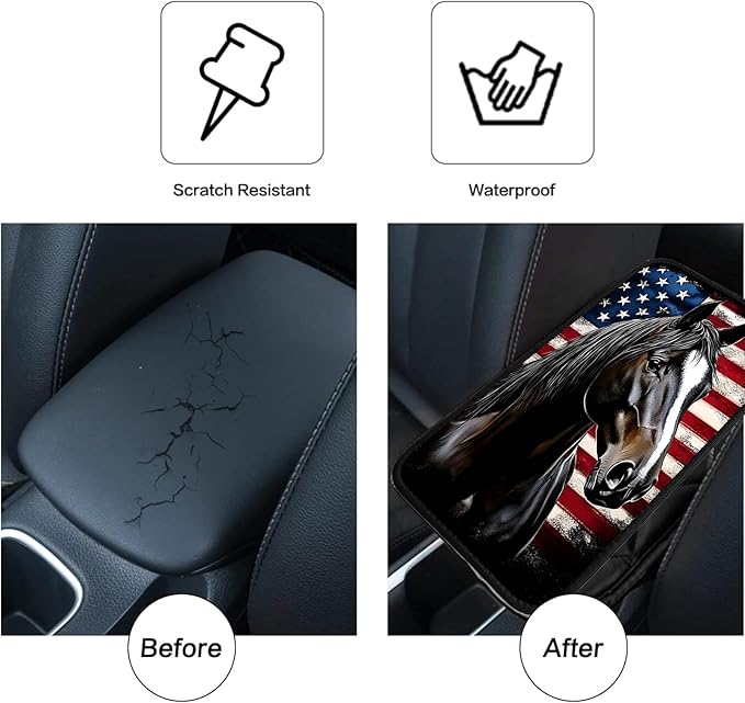 JANENFNA Car Armrest Cover Pads Universal Fashion Cute Auto Center Console Armrest Cover Pad with 2PCS Car Coasters Soft Waterproof Car Armrest Seat Protector for Women,Flag and Black Horse