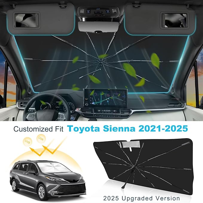 2025 Upgrade Windshield Sun Shade Umbrella Custom Fit for Toyota Sienna 2021-2025 Foldable UV Protection Car Cover, Emergency Rain Shield & Dashboard Protector - Durable Auto Accessory