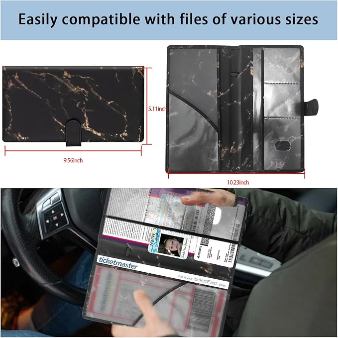 Augeny Car Registration and Insurance Holder, 5.23" x 5.08" Premium Auto Glove Box Organizer with Magnetic Closure, Wallet Case Accessories for Cards, Document, Driver License (Marble Black-2, Large)