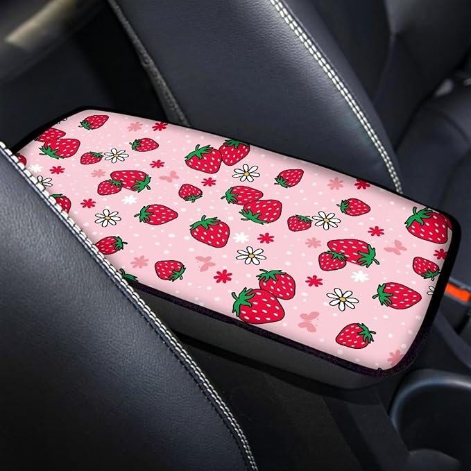 Horeset Strawberry Car Armrest Cover Pad Decor Protection Non-Slip Comfortable Arm Rest Storage Box, Easy to Install/Universal Fit